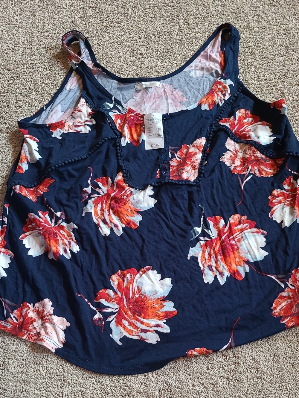 Maurices Navy Floral Sleeveless Tank Top - Navy with Orange Floral